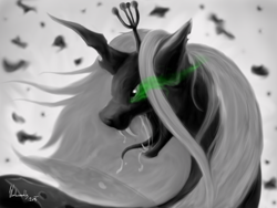 Size: 1600x1200 | Tagged: safe, artist:winternachts, queen chrysalis, changeling, changeling queen, ash, drool, fangs, glare, glowing eyes, monochrome, open mouth, roar, solo, spit, tongue out, wind