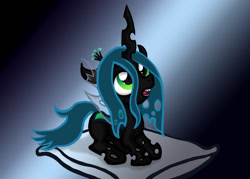 Size: 900x643 | Tagged: safe, artist:mystic2u, queen chrysalis, changeling, changeling queen, nymph, crown, cute, cutealis, digital art, female, filly, filly queen chrysalis, foal, jewelry, pillow, prone, regalia, solo, younger