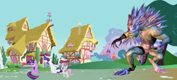 Size: 900x411 | Tagged: safe, artist:uberbomb, derpibooru import, rarity, sweetie belle, twilight sparkle, kaiju, pony, unicorn, crossover, krystalak