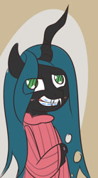 Size: 931x1692 | Tagged: safe, artist:kimmychan1, queen chrysalis, changeling, changeling queen, blushing, braces, clothes, dork, dorkalis, solo, sweater