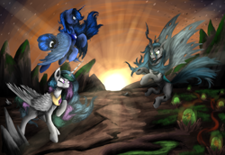 Size: 5790x3990 | Tagged: safe, artist:vinicius040598, princess celestia, princess luna, queen chrysalis, alicorn, changeling, changeling queen, pony, absurd resolution, crepuscular rays, egg, fight, flying, sunrise