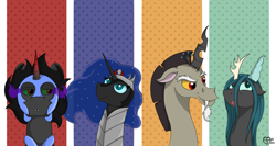 Size: 1350x720 | Tagged: safe, artist:missydakota, discord, king sombra, nightmare moon, queen chrysalis, changeling, changeling queen, pony, unicorn, spoiler:comic, accessory swap, antagonist, armor, clothes swap, crossdressing, fangs, frown, horns, open mouth, raised eyebrow, smiling, smirk, unamused, wide eyes