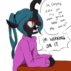 Size: 1000x1000 | Tagged: safe, artist:glacierclear, artist:glacierclear edits, edit, queen chrysalis, changeling, changeling queen, adorkable, alternate hairstyle, angry, clothes, colored, cute, cutealis, dialogue, dork, dorkalis, female, glasses, nerd, open mouth, ponytail, shirt, simple background, solo, sweater, table, turtleneck, white background, yelling, younger