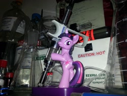 Size: 3264x2448 | Tagged: safe, derpibooru import, twilight sparkle, unicorn, beaker, erlenmeyer flask, female, figurine, flask, glass, irl, laboratory, merchandise, photo, science, solo, syringe, toy