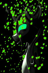 Size: 400x600 | Tagged: safe, artist:sampodre, queen chrysalis, changeling, changeling queen, animated, cinemagraph, open mouth, particle effects, reaction image, sharp teeth, smirk, solo, upvote