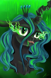 Size: 700x1067 | Tagged: safe, artist:heather-west, queen chrysalis, changeling, changeling queen, slime, solo, tongue out