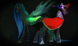 Size: 1024x603 | Tagged: safe, artist:radioactivegrass, king sombra, queen chrysalis, changeling, changeling queen, pony, unicorn, black mane, male, sharp teeth, sombra eyes, stallion