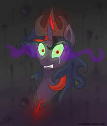 Size: 1408x1664 | Tagged: safe, artist:tlatophat, derpibooru import, twilight sparkle, unicorn twilight, pony, unicorn, ask corrupted twilight sparkle, bust, color change, corrupted, corrupted element of harmony, corrupted element of magic, corrupted twilight sparkle, crown, crying, curved horn, dark, dark equestria, dark magic, dark queen, dark world, darkened coat, darkened hair, female, horn, jewelry, magic, necklace, possessed, psychotic, psychotic twilight sparkle, queen twilight, regalia, solo, sombra empire, sombra eyes, sombra horn, tiara, tumblr, tumblr:ask corrupted twilight sparkle, tyrant sparkle