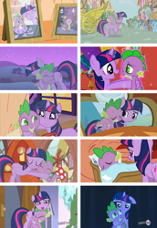 Size: 548x797 | Tagged: safe, derpibooru import, screencap, spike, twilight sparkle, unicorn twilight, dragon, pony, unicorn, dragon quest, just for sidekicks, owl's well that ends well, the crystal empire, baby, baby dragon, canterlot, collage, crystal empire, cute, female, golden oaks library, hub logo, hub network, hug, logo, male, mama twilight, mare, mare in the moon, moon, ponyville, spikabetes, spikelove, twiabetes, watermark