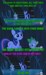 Size: 500x806 | Tagged: safe, derpibooru import, spike, twilight sparkle, dragon, charlie the unicorn, comic, door, image macro