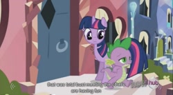 Size: 851x470 | Tagged: safe, derpibooru import, screencap, spike, twilight sparkle, dragon, s03e01, youtube caption