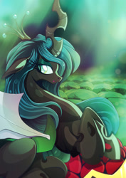 Size: 1358x1920 | Tagged: safe, artist:rariedash, queen chrysalis, changeling, changeling queen, female, floppy ears, horn, insect wings, mare, solo, wings