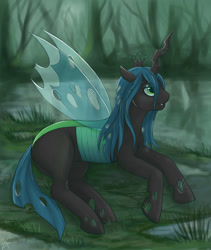 Size: 1600x1900 | Tagged: safe, artist:zacepka, queen chrysalis, changeling, changeling queen, female, grass, on side, solo, swamp