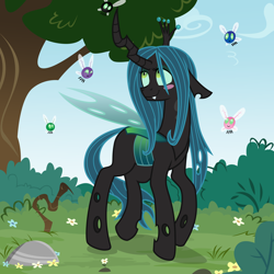 Size: 5000x5000 | Tagged: safe, artist:kevinsano edits, artist:kooner-cz, edit, queen chrysalis, changeling, changeling queen, parasprite, absurd resolution, blushing, female, smiling, solo