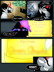 Size: 1970x2636 | Tagged: safe, artist:yula568, king sombra, queen chrysalis, changeling, changeling queen, pony, unicorn, comic, dark alliance, royal guard