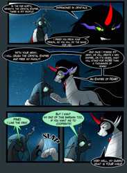 Size: 1965x2689 | Tagged: safe, artist:yula568, king sombra, queen chrysalis, changeling, changeling queen, pony, umbrum, unicorn, chrysombra, comic, dark alliance, dialogue, female, male, shipping, slap, straight