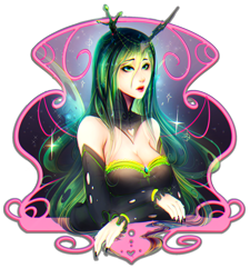 Size: 1668x1854 | Tagged: safe, artist:koveliana, queen chrysalis, human, chromatic aberration, cleavage, female, horned humanization, humanized, solo