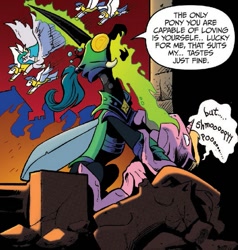 Size: 687x722 | Tagged: safe, artist:andypriceart, idw, princess celestia, queen chrysalis, alicorn, changeling, changeling queen, pegasus, pony, fiendship is magic, spoiler:comic, spoiler:comicfiendshipismagic5, armor, changeling feeding, comic, draining, emperor incitatus, helmet, horn, nightmare fuel, royal guard, you know for kids