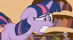 Size: 1567x861 | Tagged: safe, derpibooru import, screencap, twilight sparkle, pony, unicorn, female, horn, mare, purple coat, purple mane, solo, youtube caption