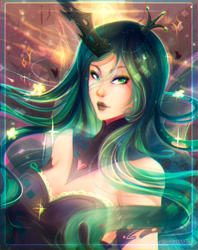 Size: 1522x1922 | Tagged: safe, artist:koveliana, queen chrysalis, human, chromatic aberration, horned humanization, humanized, solo