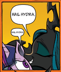 Size: 422x498 | Tagged: safe, artist:andypriceart, edit, editor:wanderingpony, queen chrysalis, twilight sparkle, changeling, changeling queen, fiendship is magic, spoiler:comic, hail hydra, text edit, whispering