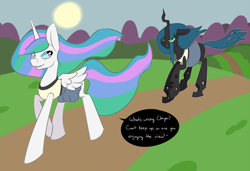 Size: 1000x683 | Tagged: safe, artist:koportable, princess celestia, queen chrysalis, alicorn, changeling, changeling queen, pony, blushing, chryslestia, dialogue, eyes on the prize, running, shipping, tennis