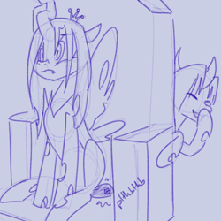 Size: 500x500 | Tagged: safe, artist:goat train, queen chrysalis, oc, oc:princess elytra, changeling, changeling queen, fart joke, fart noise, laughing, monochrome, onomatopoeia, parent:queen chrysalis, prank, sketch, sound effects, throne, whoopee cushion