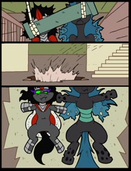 Size: 781x1023 | Tagged: safe, artist:virus-20, king sombra, queen chrysalis, changeling, changeling queen, pony, unicorn, booby trap, comic, derpy alone, exploitable meme, hole, home alone, home alone 2: lost in new york, meme, parody, pipe (plumbing), rope, scene interpretation, scene parody, stairs