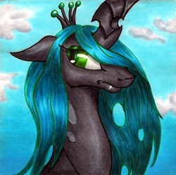 Size: 1417x1403 | Tagged: safe, artist:dgcdvaras, queen chrysalis, changeling, changeling queen, female, horn, solo, traditional art