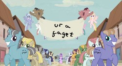 Size: 1920x1041 | Tagged: safe, starlight glimmer, pony, unicorn, the cutie map, banner, equal town banner, equal town banner meme, exploitable meme, meme, reaction image, s5 starlight, slur, ur a faget, vulgar