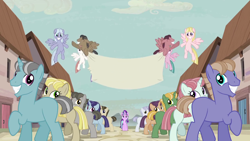 Size: 1280x720 | Tagged: safe, edit, edited screencap, screencap, starlight glimmer, pony, unicorn, the cutie map, blank flank, equal town banner, equal town banner meme, exploitable, exploitable meme, group shot, in our town, meme, s5 starlight, template