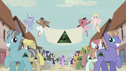 Size: 1280x720 | Tagged: safe, edit, starlight glimmer, pony, unicorn, the cutie map, banner, cutie mark, equal town banner, equal town banner meme, exploitable meme, eye of providence, illuminati, meme, ponies standing next to each other, s5 starlight