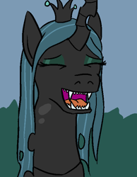 Size: 497x640 | Tagged: safe, artist:jargon scott, queen chrysalis, changeling, changeling queen, crown, fangs, female, laughing, smiling, solo