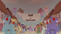 Size: 1280x720 | Tagged: safe, edit, starlight glimmer, pony, unicorn, the cutie map, anti-life, darkseid, equal town banner, equal town banner meme, exploitable meme, final crisis, meme, red eyes