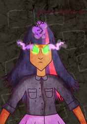 Size: 588x833 | Tagged: safe, artist:girlypinkrox, derpibooru import, twilight sparkle, dark magic, humanized, sombra eyes