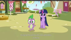 Size: 1920x1080 | Tagged: safe, derpibooru import, screencap, spike, twilight sparkle, dragon, too many pinkie pies, youtube caption