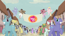 Size: 1280x720 | Tagged: safe, edit, pinkie pie, starlight glimmer, earth pony, pony, the cutie map, cutie mark, equal town banner, equal town banner meme, exploitable meme, grin, meme