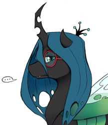 Size: 1272x1464 | Tagged: safe, artist:aisureimi, queen chrysalis, changeling, changeling queen, crown, dork, dorkalis, female, glasses, horn, jewelry, regalia, simple background, solo, speech bubble, white background, wings