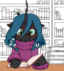 Size: 1559x1735 | Tagged: safe, artist:aisureimi, queen chrysalis, changeling, changeling queen, book, clothes, cute, cutealis, dork, dorkalis, female, glasses, library, solo, studying, sweater