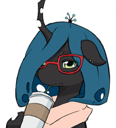 Size: 1341x1480 | Tagged: safe, artist:aisureimi, queen chrysalis, changeling, changeling queen, bust, clothes, coffee, cute, cutealis, dork, dorkalis, ear piercing, female, glasses, piercing, portrait, scarf, solo, straw