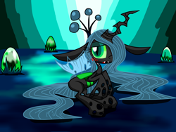 Size: 1600x1200 | Tagged: safe, artist:lovehtf421, queen chrysalis, changeling, changeling queen, blushing, cute, cutealis, egg, female, solo