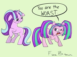 Size: 2048x1536 | Tagged: safe, artist:fiona brown, aria blaze, starlight glimmer, earth pony, pony, unicorn, season 5, the cutie map, angry, antagonist, comparison, duo, female, floppy ears, green background, mare, missing cutie mark, parody, ponified, ponified siren, s5 starlight, similarities, simple background