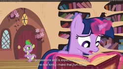 Size: 1920x1080 | Tagged: safe, derpibooru import, screencap, spike, twilight sparkle, dragon, too many pinkie pies, youtube caption