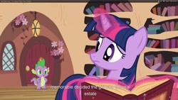 Size: 1920x1080 | Tagged: safe, derpibooru import, screencap, spike, twilight sparkle, dragon, too many pinkie pies, youtube caption