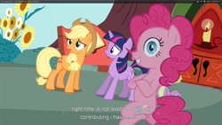 Size: 1920x1080 | Tagged: safe, derpibooru import, screencap, applejack, pinkie pie, spike, twilight sparkle, dragon, earth pony, pony, too many pinkie pies, youtube caption