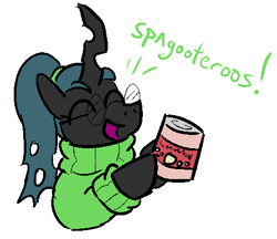 Size: 475x411 | Tagged: safe, artist:jargon scott, queen chrysalis, changeling, changeling queen, nymph, adorkable, can, clothes, cute, cutealis, dialogue, dork, dorkalis, female, food, glasses, ponytail, simple background, solo, spaghetti, spagooteroos, spagoots, sweater, white background