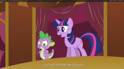 Size: 1920x1080 | Tagged: safe, derpibooru import, screencap, spike, twilight sparkle, dragon, too many pinkie pies, youtube caption