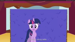 Size: 1920x1080 | Tagged: safe, derpibooru import, screencap, twilight sparkle, pony, unicorn, too many pinkie pies, solo, youtube caption