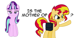 Size: 2000x1024 | Tagged: safe, starlight glimmer, sunset shimmer, pony, unicorn, the cutie map, female, grin, idea, image macro, jossed, looking at you, mare, meme, nonsense, op is a cuck, op is trying to start shit, raised hoof, saddle bag, simple background, smiling, smug, smuglight glimmer, sunset shimmer is starlight glimmer's daughter, theory, transparent background, twilight's counterparts, wild mass guess