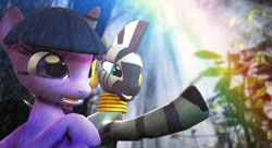 Size: 900x490 | Tagged: safe, artist:illu-mint, derpibooru import, twilight sparkle, zecora, zebra, 3d, gmod, rain, rainforest